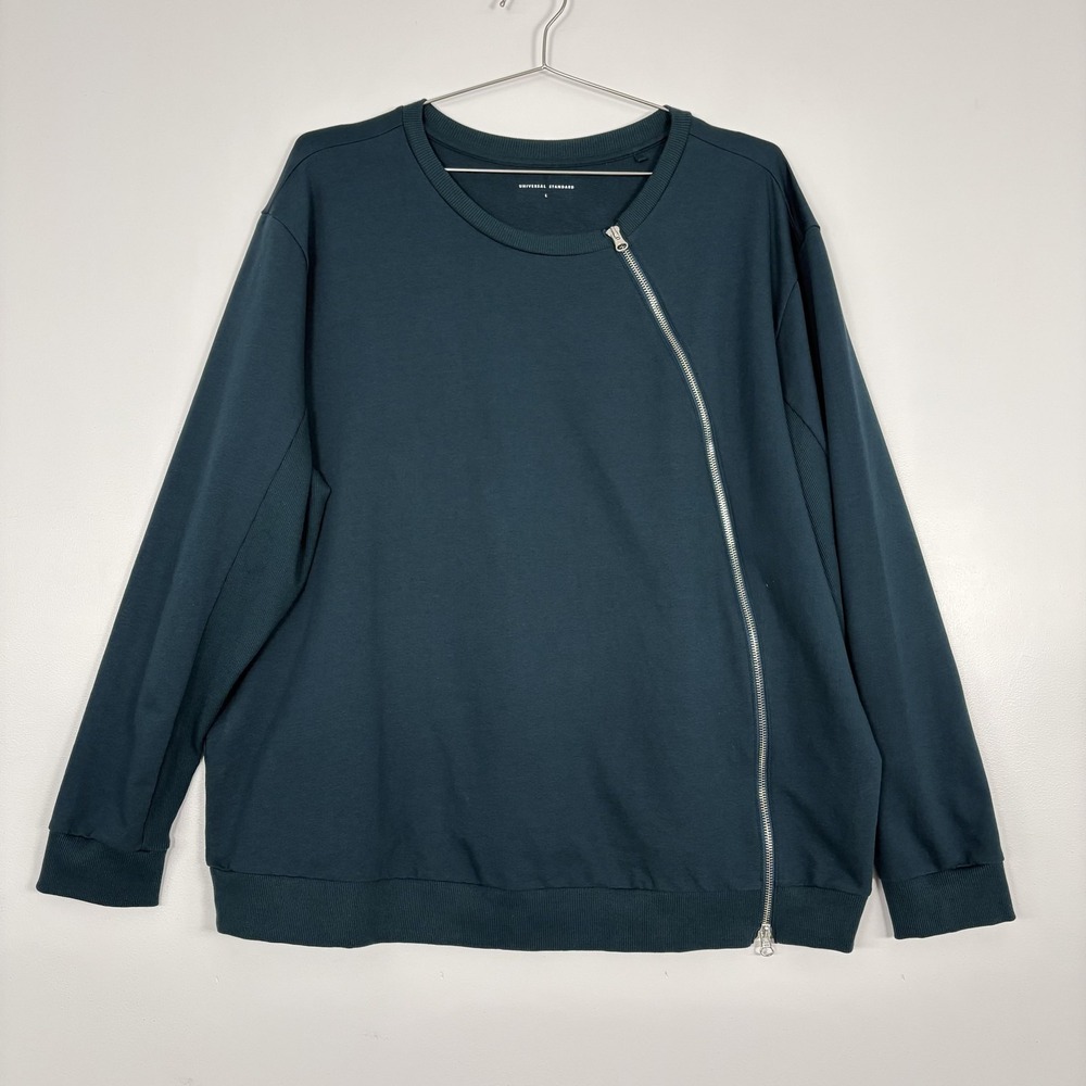 Universal Standard Sweatshirt Womens Large Blue Asym Zip Pima Cotton‎ Crewneck